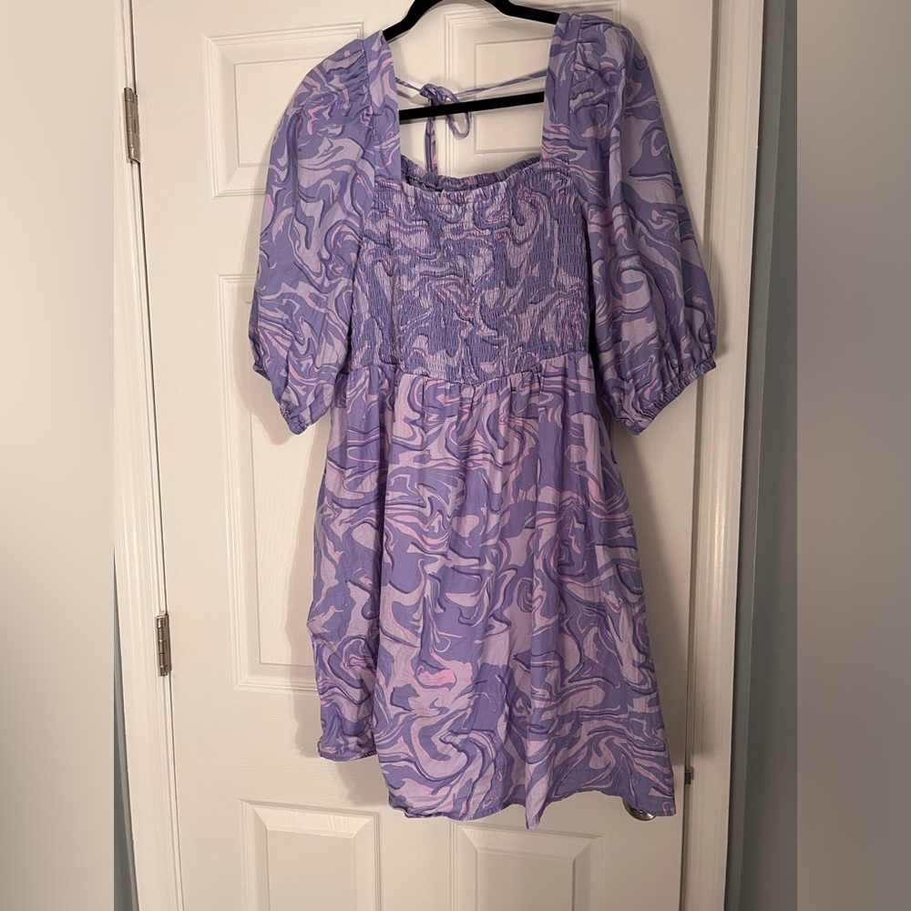 Ava & Viv Square Neck Purple Swirl Puff Sleeve Mini Dress New Plus Size 1x
